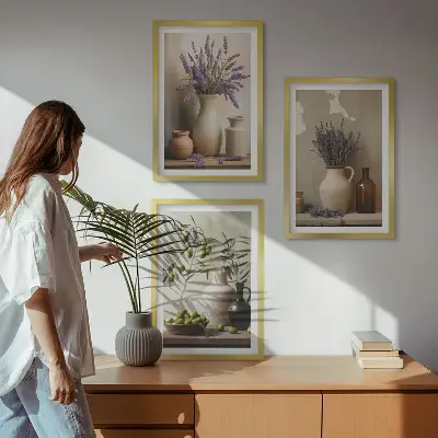 Juego de 3 cuadros con diseño de flores en jarrones y adornos de aceitunas