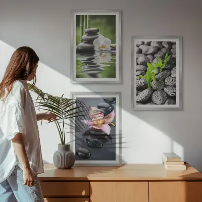 Set de 3 cuadros zen composición de flores y agua para salón