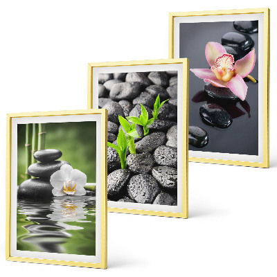 Set de 3 cuadros para salón Una tranquila composición zen de flores y agua.