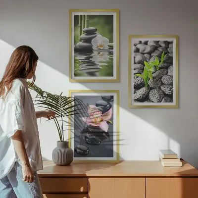 Set de 3 cuadros zen composición de flores y agua para salón