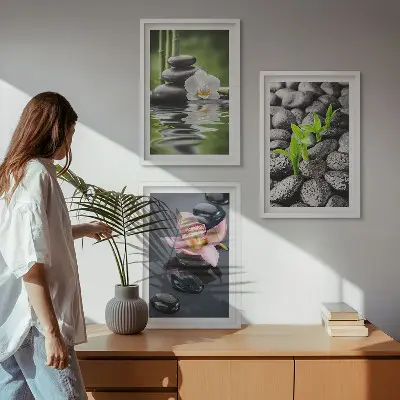 Set de 3 cuadros zen composición de flores y agua para salón