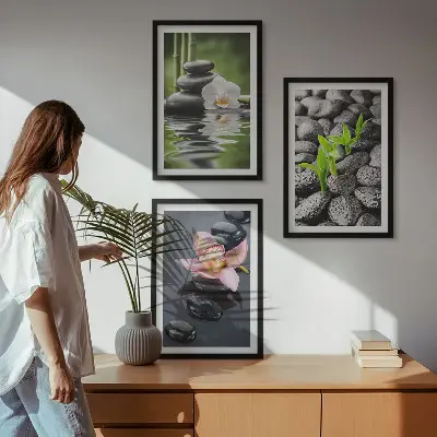Set de 3 cuadros zen composición de flores y agua para salón