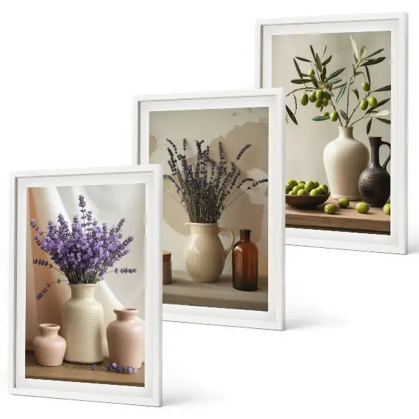 Juego de 3 cuadros con motivos de flores de lavanda, olivos y recipientes