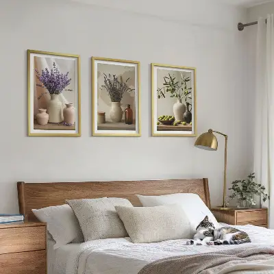 Juego de 3 cuadros con motivos de flores de lavanda, olivos y recipientes