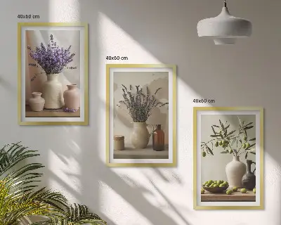 Juego de 3 cuadros con motivos de flores de lavanda, olivos y recipientes
