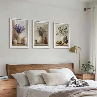 Juego de 3 cuadros con motivos de flores de lavanda, olivos y recipientes
