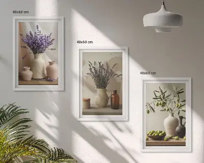 Juego de 3 cuadros con motivos de flores de lavanda, olivos y recipientes