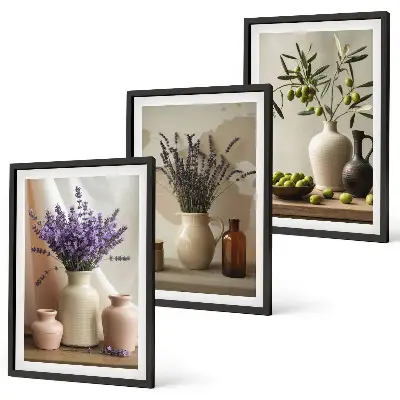 Juego de 3 cuadros con motivos de flores de lavanda, olivos y recipientes