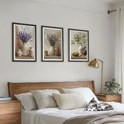 Juego de 3 cuadros con motivos de flores de lavanda, olivos y recipientes