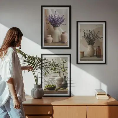 Juego de 3 cuadros con motivos de flores de lavanda, olivos y recipientes