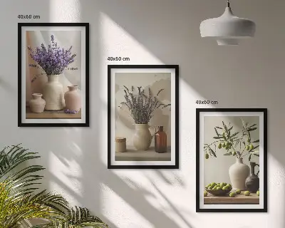 Juego de 3 cuadros con motivos de flores de lavanda, olivos y recipientes