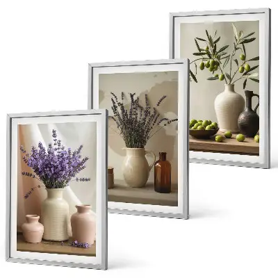 Juego de 3 cuadros con motivos de flores de lavanda, olivos y recipientes