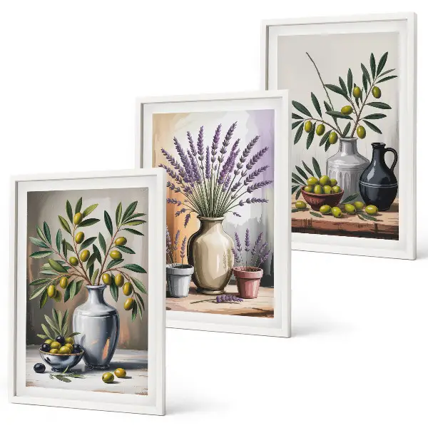 Set de 3 cuadros para salón con flores de olivo en jarrones al fondo