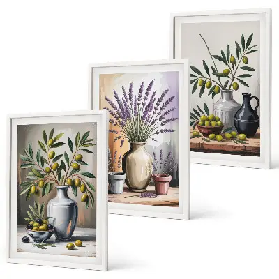 Set de 3 cuadros para salón con flores de olivo en jarrones al fondo