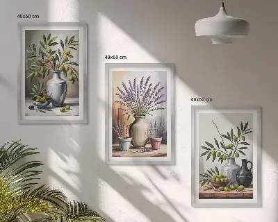 Set de 3 cuadros para salón con flores de olivo en jarrones al fondo