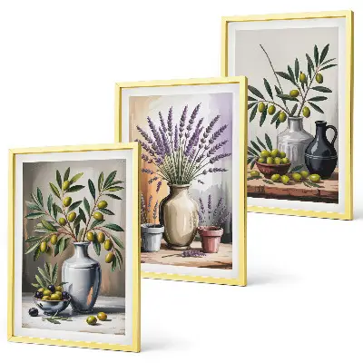 Set de 3 cuadros para salón con flores de olivo en jarrones al fondo