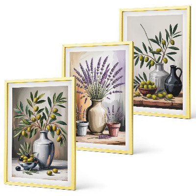 Set de 3 cuadros para salón Flores de olivo en jarrones al fondo