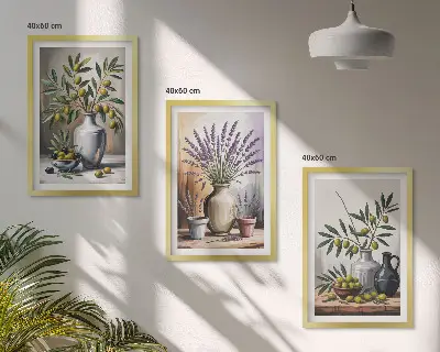 Set de 3 cuadros para salón con flores de olivo en jarrones al fondo