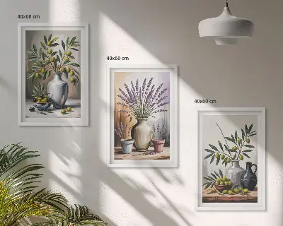 Set de 3 cuadros para salón con flores de olivo en jarrones al fondo