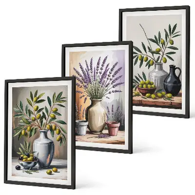 Set de 3 cuadros para salón con flores de olivo en jarrones al fondo