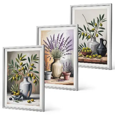 Set de 3 cuadros para salón con flores de olivo en jarrones al fondo