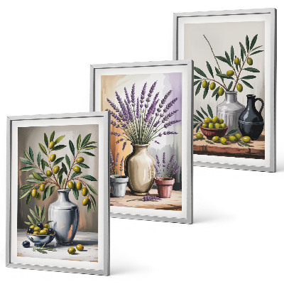 Set de 3 cuadros para salón Flores de olivo en jarrones al fondo