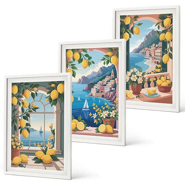 Juego de 3 cuadros ventana al mar con limones italianos