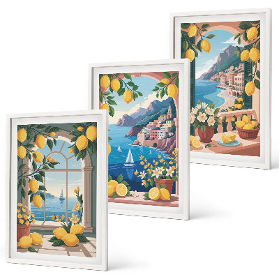 Juego de 3 cuadros Ventana al mar limones italianos