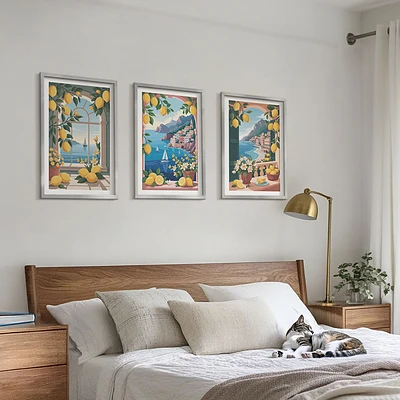 Juego de 3 cuadros ventana al mar con limones italianos