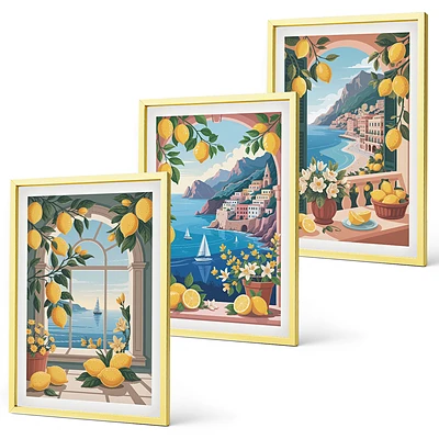 Juego de 3 cuadros ventana al mar con limones italianos