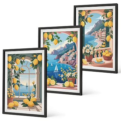 Juego de 3 cuadros ventana al mar con limones italianos
