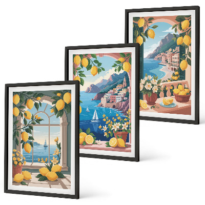 Juego de 3 cuadros Ventana al mar limones italianos