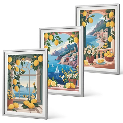 Juego de 3 cuadros ventana al mar con limones italianos