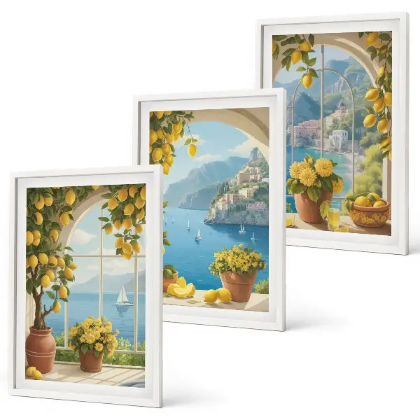 Set de 3 cuadros decorativos para salón con motivos de paisajes marinos, limones y ventanas