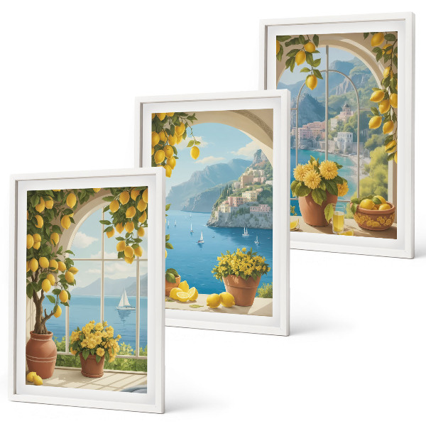 Set de 3 cuadros para salón Paisajes marinos, limones, ventanas