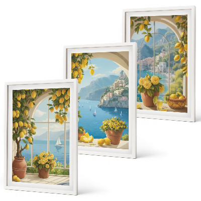 Set de 3 cuadros para salón Paisajes marinos, limones, ventanas