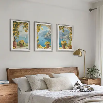 Set de 3 cuadros decorativos para salón con motivos de paisajes marinos, limones y ventanas