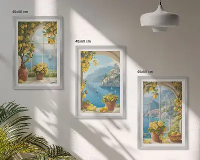 Set de 3 cuadros decorativos para salón con motivos de paisajes marinos, limones y ventanas
