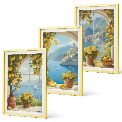 Set de 3 cuadros decorativos para salón con motivos de paisajes marinos, limones y ventanas