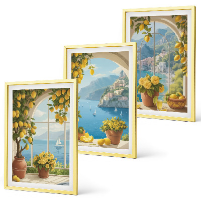 Set de 3 cuadros para salón Paisajes marinos, limones, ventanas