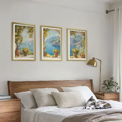 Set de 3 cuadros decorativos para salón con motivos de paisajes marinos, limones y ventanas