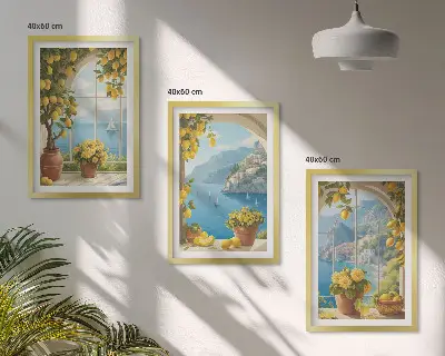 Set de 3 cuadros decorativos para salón con motivos de paisajes marinos, limones y ventanas