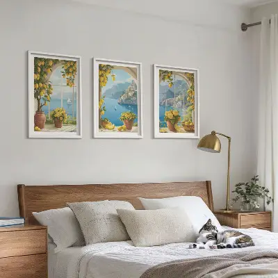 Set de 3 cuadros decorativos para salón con motivos de paisajes marinos, limones y ventanas