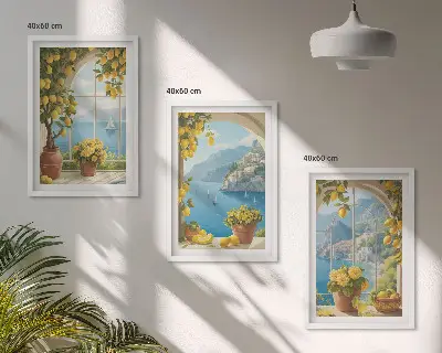Set de 3 cuadros decorativos para salón con motivos de paisajes marinos, limones y ventanas