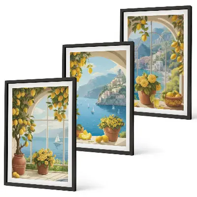 Set de 3 cuadros decorativos para salón con motivos de paisajes marinos, limones y ventanas