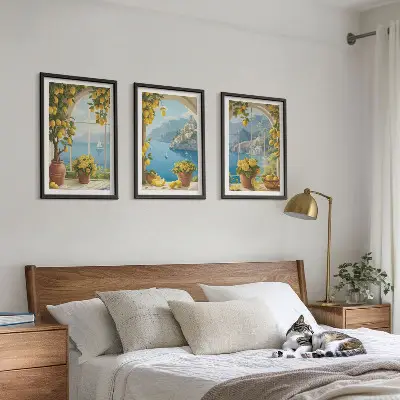 Set de 3 cuadros decorativos para salón con motivos de paisajes marinos, limones y ventanas