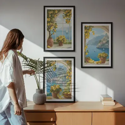 Set de 3 cuadros decorativos para salón con motivos de paisajes marinos, limones y ventanas