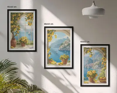 Set de 3 cuadros decorativos para salón con motivos de paisajes marinos, limones y ventanas
