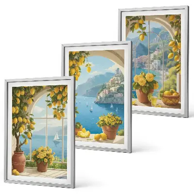 Set de 3 cuadros decorativos para salón con motivos de paisajes marinos, limones y ventanas