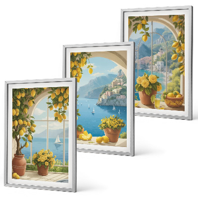 Set de 3 cuadros para salón Paisajes marinos, limones, ventanas